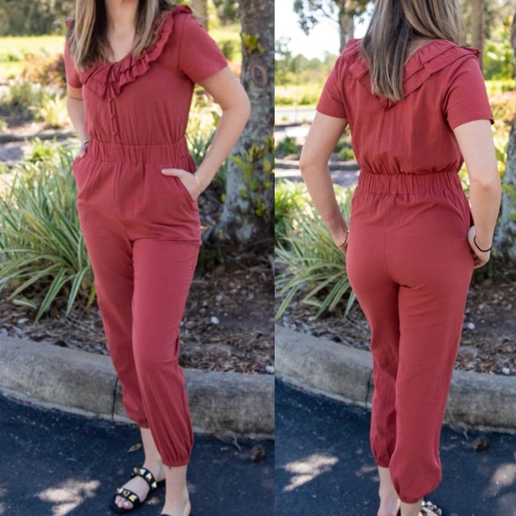 Entro Ruffle V Neck Jogger Jumpsuit Rust Red - Picture 1 of 4